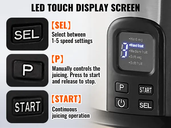 led touch display screen on the VEVOR juicer machine with sel, p, and start buttons for juicing options.