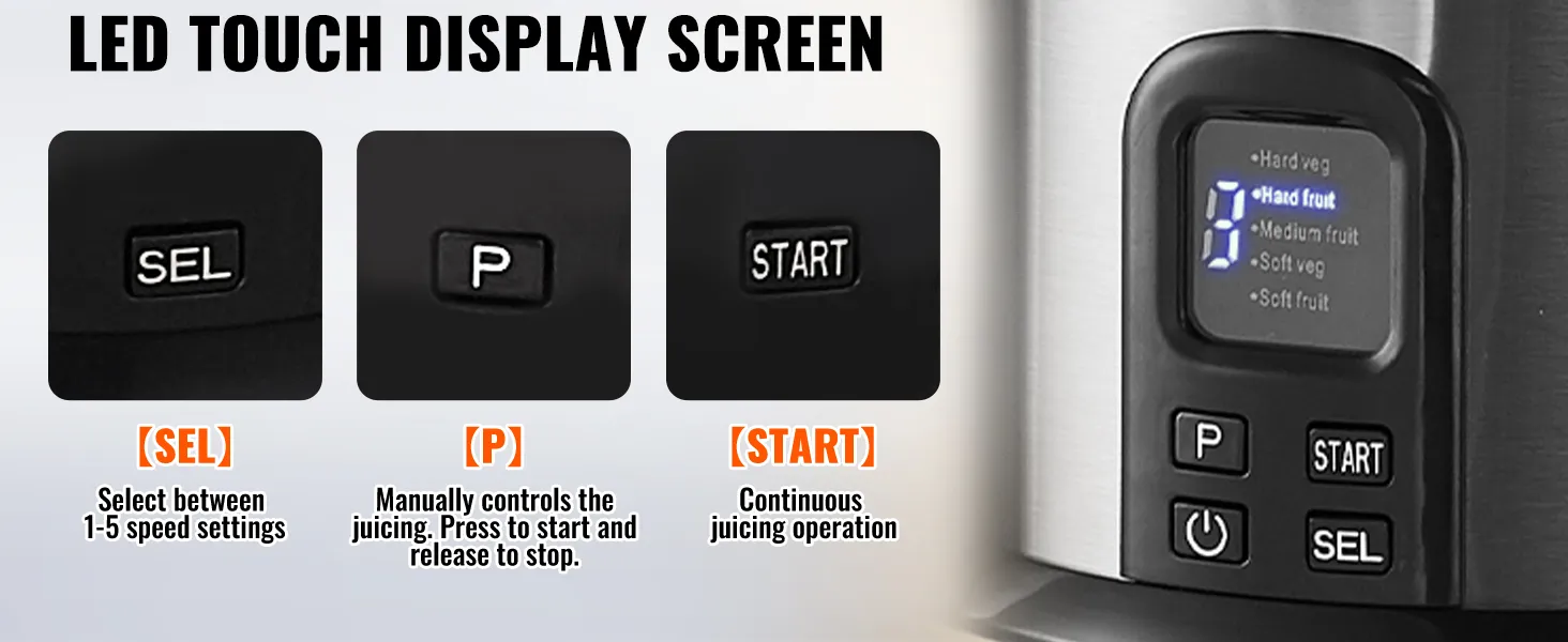 led touch display screen on the VEVOR juicer machine with sel, p, and start buttons for juicing options.