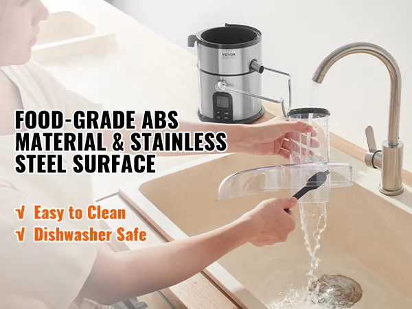 VEVOR juicer machine with food-grade abs material and stainless steel surface being cleaned in a sink.