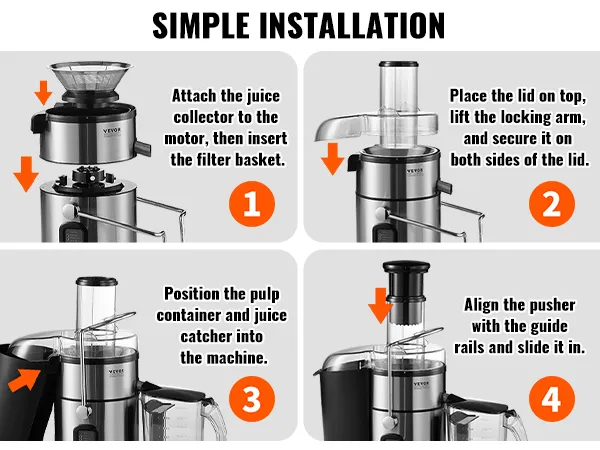 steps to assemble the VEVOR juicer machine: attach parts, secure lid, position pulp container, and align pusher.