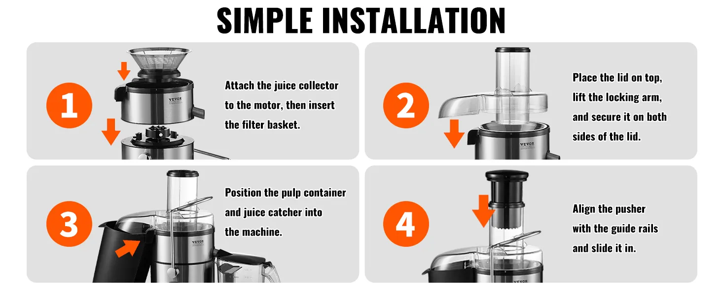 steps to assemble the VEVOR juicer machine: attach parts, secure lid, position pulp container, and align pusher.
