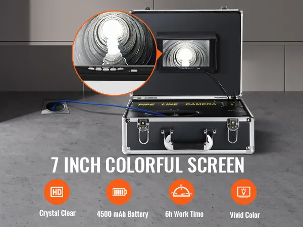 7-Zoll-HD-Bildschirm mit VEVOR-Kanalkamera zur Anzeige der Rohrinspektion; lebendige Farben; 4500-mAh-Akku.