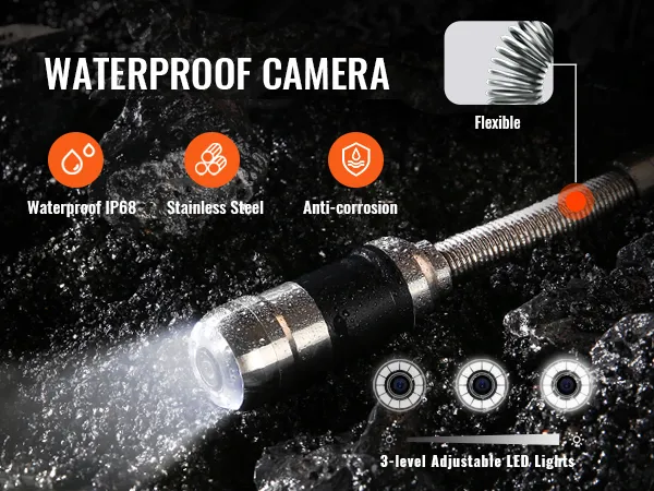 HD-wasserdichte VEVOR-Kanalkamera mit Edelstahlgehäuse, einstellbaren LED-Leuchten und flexiblem Design.