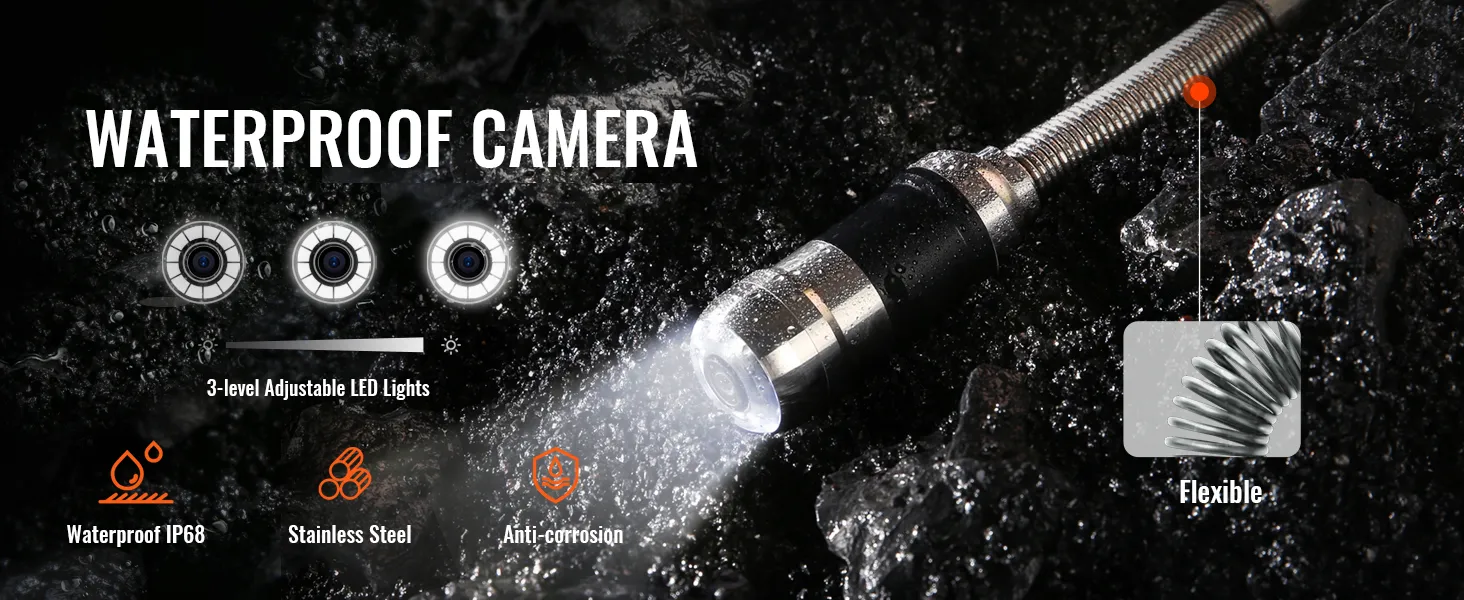HD-wasserdichte VEVOR-Kanalkamera mit Edelstahlgehäuse, einstellbaren LED-Leuchten und flexiblem Design.