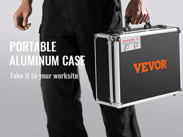 Person, die einen tragbaren Aluminiumkoffer von VEVOR hält, ideal für den Einsatz auf der Baustelle.