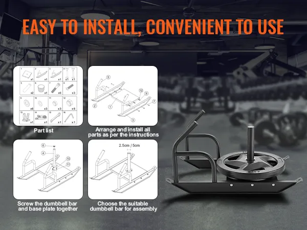 Fasi di montaggio, elenco dei componenti e istruzioni di installazione della slitta per l'allenamento con i pesi VEVOR per un utilizzo pratico.