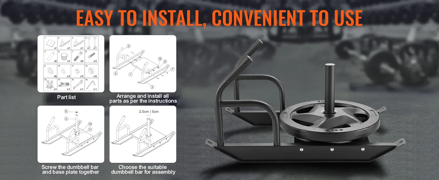 Fasi di montaggio, elenco dei componenti e istruzioni di installazione della slitta per l'allenamento con i pesi VEVOR per un utilizzo pratico.