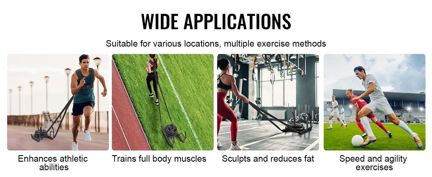 ampie applicazioni della slitta per allenamento con i pesi VEVOR nel miglioramento delle capacità atletiche, della muscolatura di tutto il corpo e dell'agilità.