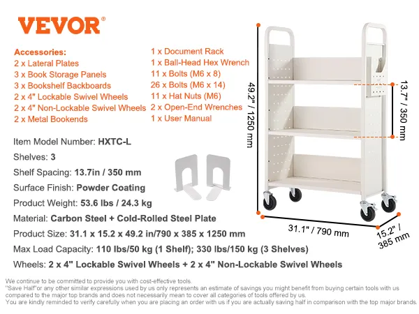 Wózek na książki VEVOR model hxtc-l z 3 półkami, blokowanymi kółkami, stalą węglową malowaną proszkowo, wysokością 49,2".