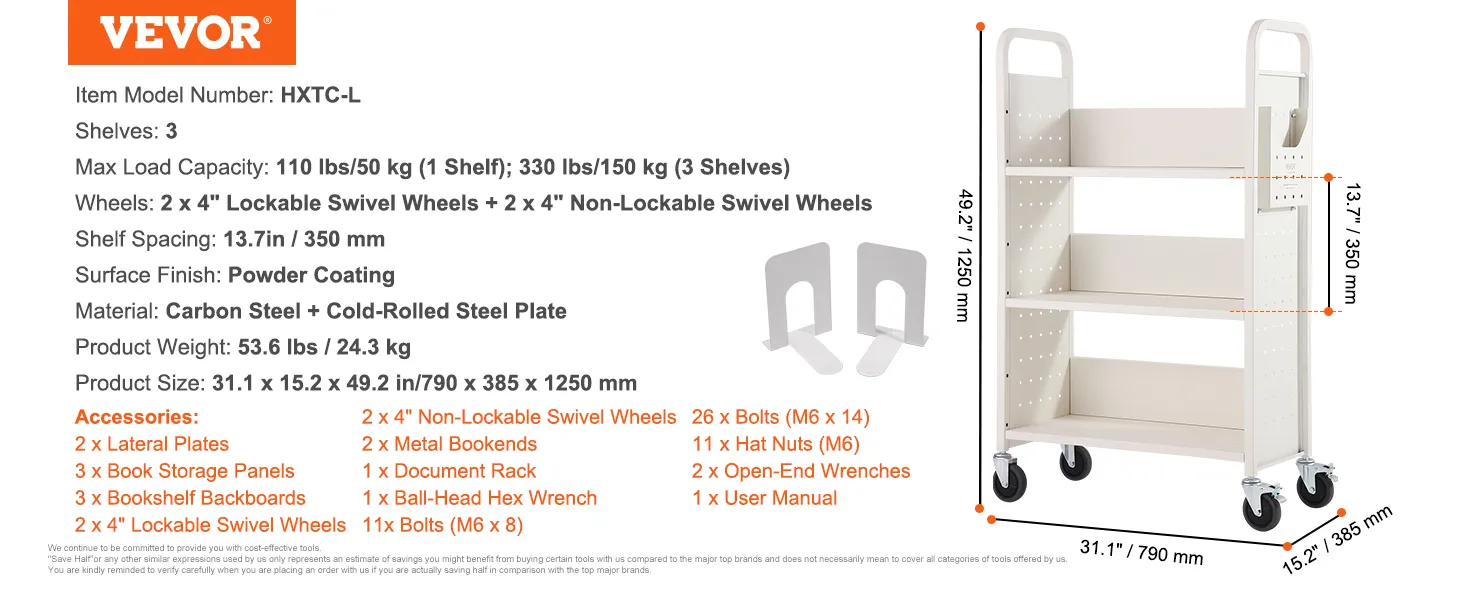 Wózek na książki VEVOR model hxtc-l z 3 półkami, blokowanymi kółkami, stalą węglową malowaną proszkowo, wysokością 49,2".