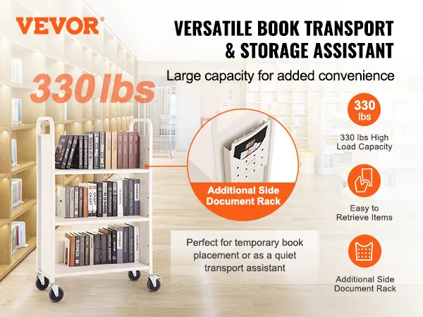 Wózek na książki VEVOR w bibliotece o ładowności 330 funtów, z dodatkową boczną półką na dokumenty i łatwym dostępem do książek.
