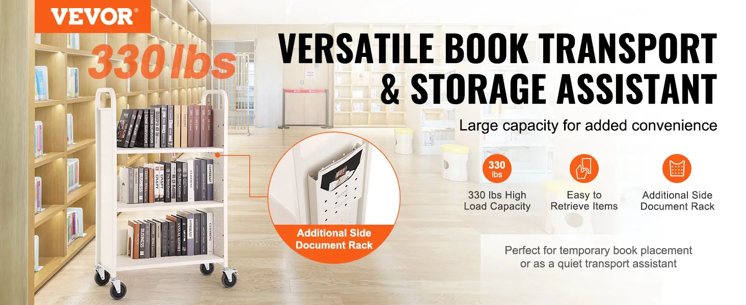 Wózek na książki VEVOR w bibliotece o ładowności 330 funtów, z dodatkową boczną półką na dokumenty i łatwym dostępem do książek.