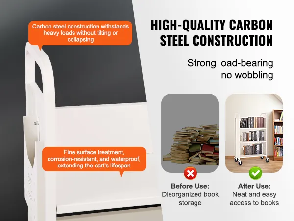 wysokiej jakości wózek na książki VEVOR ze stali węglowej, wytrzymały, umożliwiający uporządkowane przechowywanie książek, odporny na korozję.