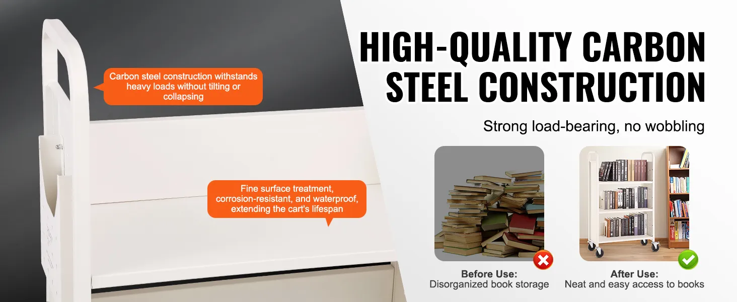 wysokiej jakości wózek na książki VEVOR ze stali węglowej, wytrzymały, umożliwiający uporządkowane przechowywanie książek, odporny na korozję.