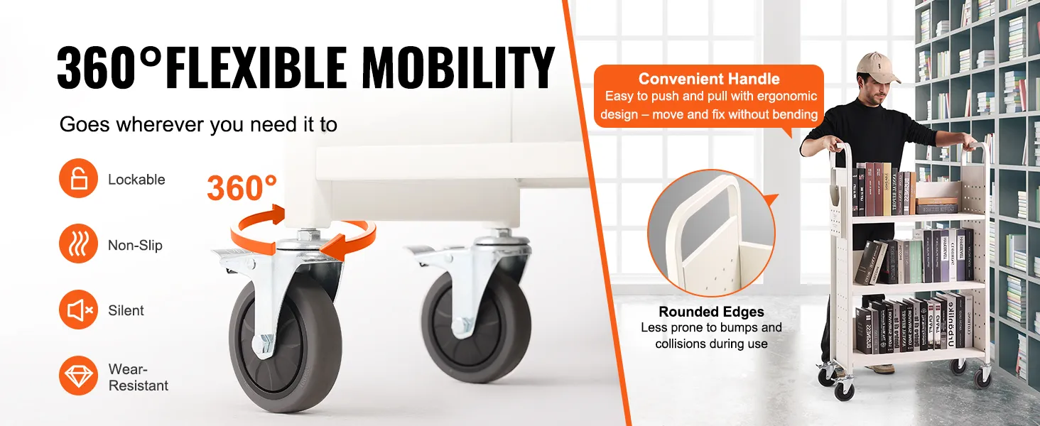 Wózek na książki VEVOR: mobilność 360 stopni dzięki blokowanym, antypoślizgowym, cichym i odpornym na zużycie kołom.