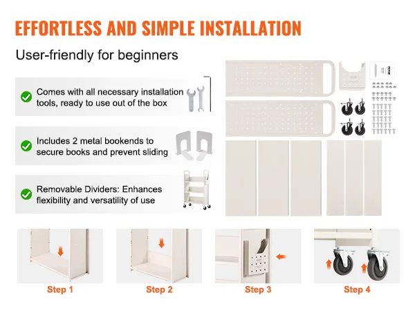 łatwa w montażu instrukcja montażu wózka na książki VEVOR, zawiera narzędzia, przegródki, metalowe podpórki do książek i kółka.