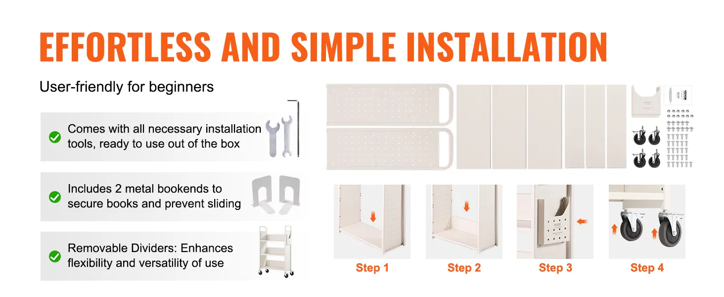 łatwa w montażu instrukcja montażu wózka na książki VEVOR, zawiera narzędzia, przegródki, metalowe podpórki do książek i kółka.