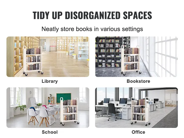 Wózek na książki VEVOR eksponowany w bibliotece, księgarni, szkole i biurze w celu uporządkowania książek.