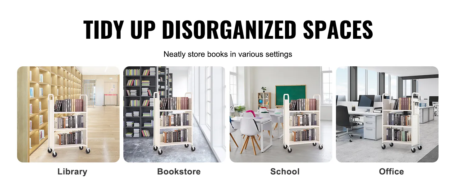 Wózek na książki VEVOR eksponowany w bibliotece, księgarni, szkole i biurze w celu uporządkowania książek.