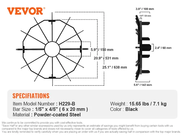 Specyfikacja rusztu VEVOR: model h229-b, stal malowana proszkowo, 15,65 funta, kolor czarny, wymiary prętów 6x20 mm.