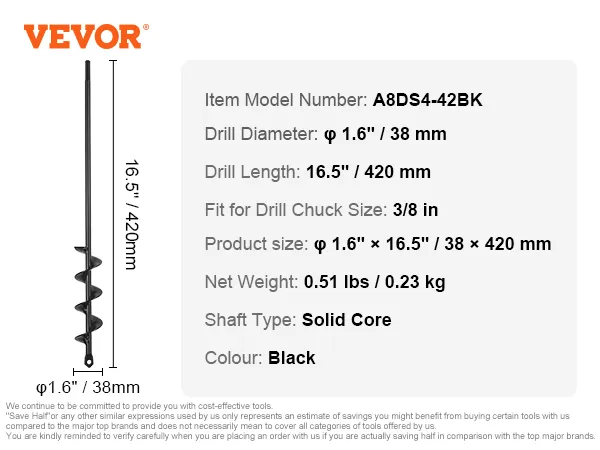 VEVOR auger drill bit, 16.5-inch length, 1.6-inch diameter, black solid core shaft.