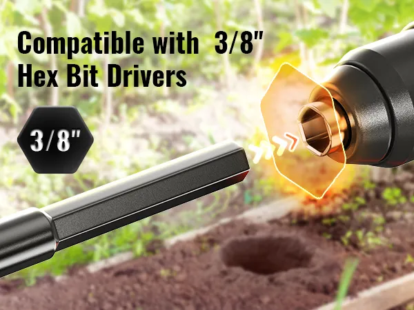 compatible with 3/8" hex bit drivers, VEVOR auger drill bit for gardening and soil drilling.