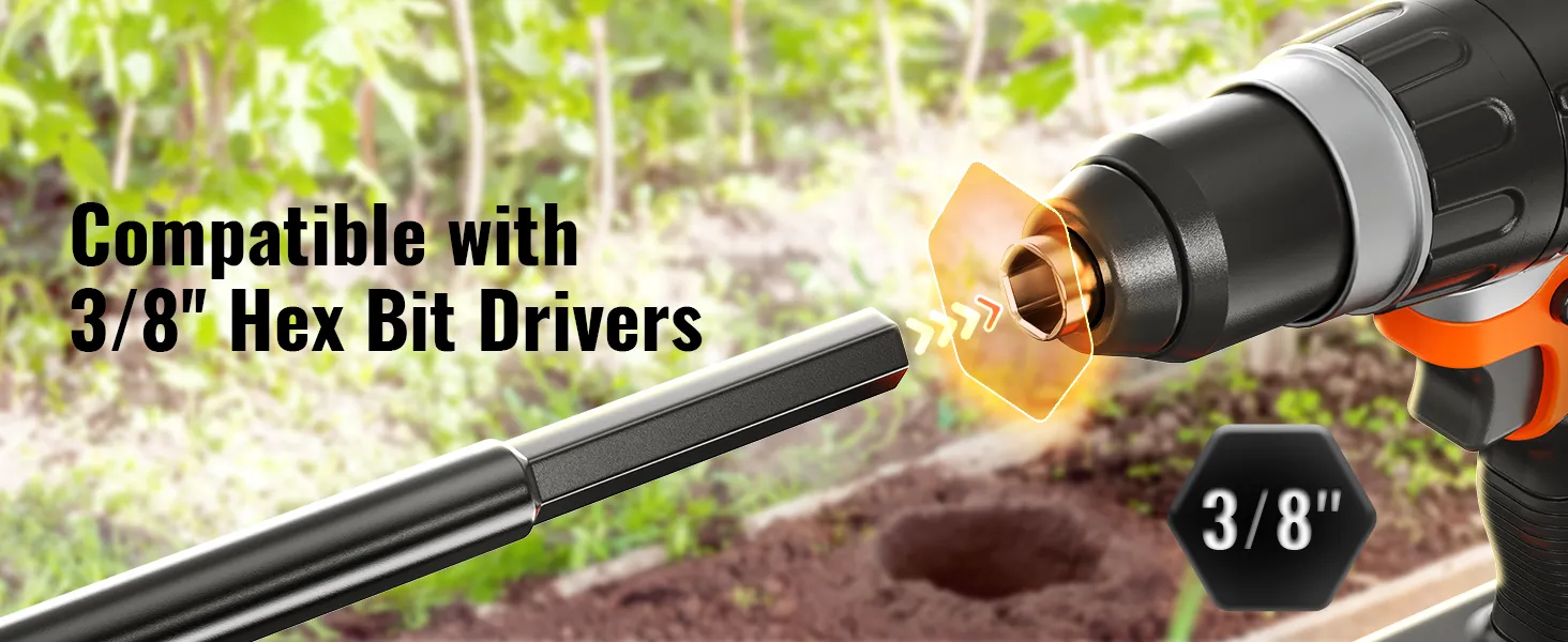 compatible with 3/8" hex bit drivers, VEVOR auger drill bit for gardening and soil drilling.