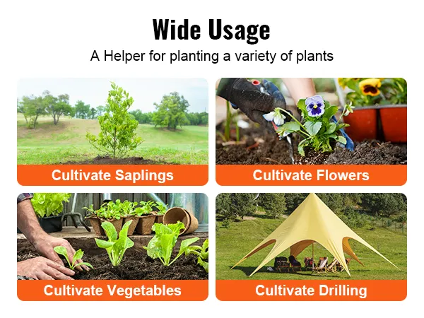 wide usage of VEVOR auger drill bit for saplings, flowers, vegetables, and tent drilling.