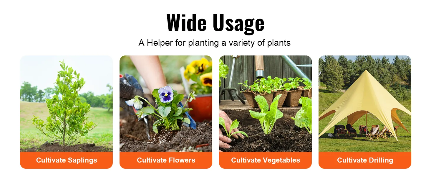 wide usage of VEVOR auger drill bit for saplings, flowers, vegetables, and tent drilling.