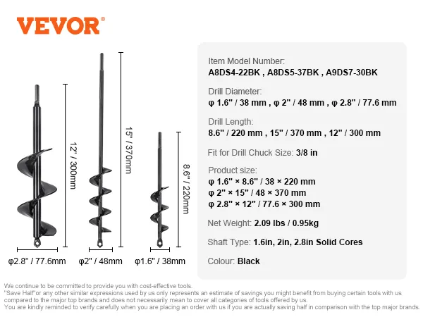 VEVOR auger drill bits in various sizes, detailing drill diameter, length, fit for drill chuck, and color.