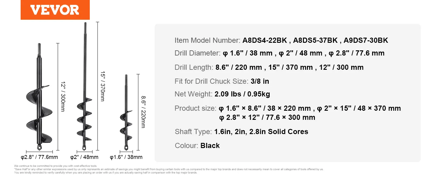 VEVOR auger drill bits in various sizes, detailing drill diameter, length, fit for drill chuck, and color.