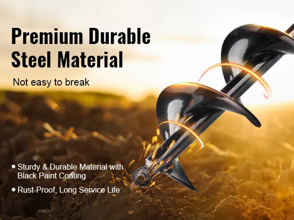 VEVOR auger drill bit in soil with text highlighting premium durable steel material and rust-proof design.