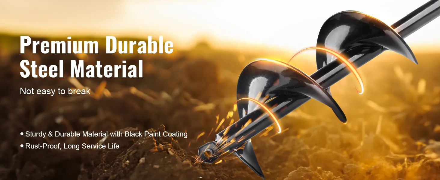 VEVOR auger drill bit in soil with text highlighting premium durable steel material and rust-proof design.