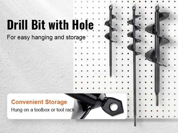 VEVOR auger drill bits with hanging holes for easy storage on a pegboard.