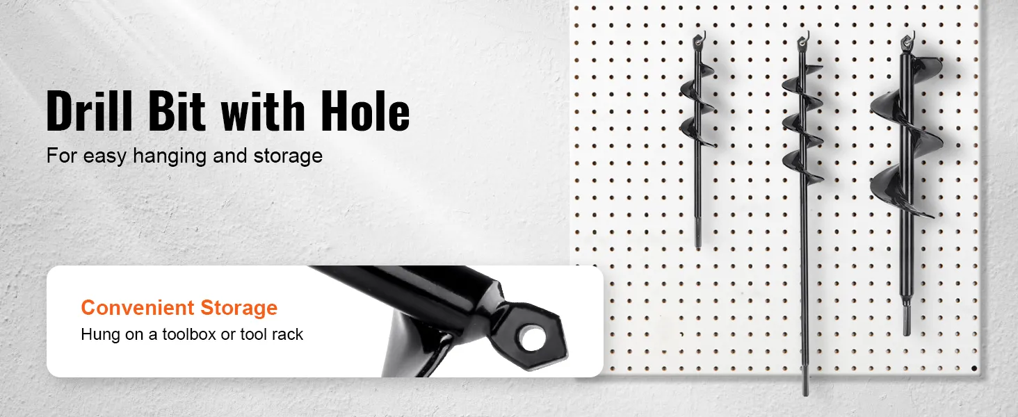 VEVOR auger drill bits with hanging holes for easy storage on a pegboard.
