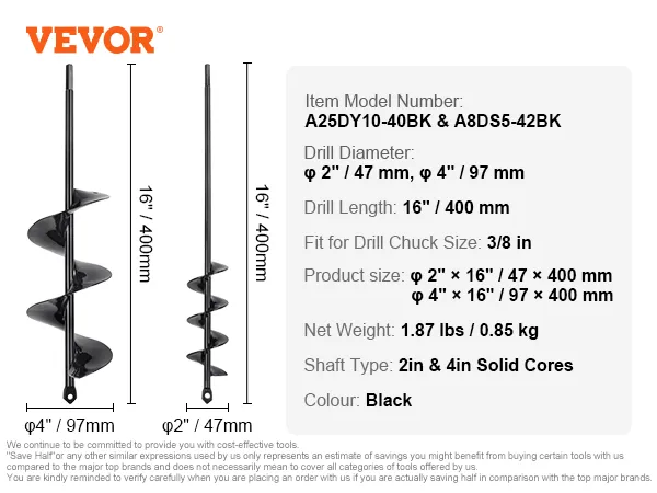 VEVOR auger drill bits in black, 2in and 4in diameters, with 16in length, and solid cores.
