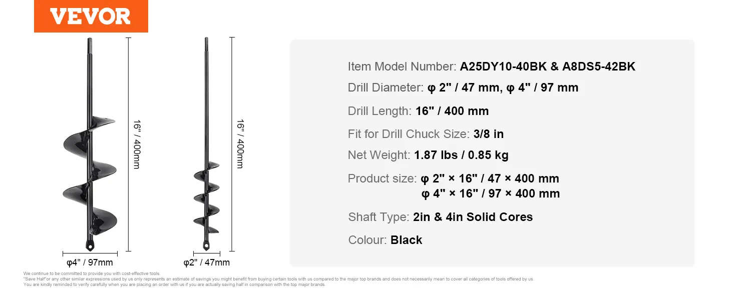 VEVOR auger drill bits in black, 2in and 4in diameters, with 16in length, and solid cores.