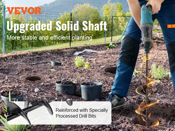 VEVOR auger drill bits used for planting in a garden with an upgraded solid shaft for stability.