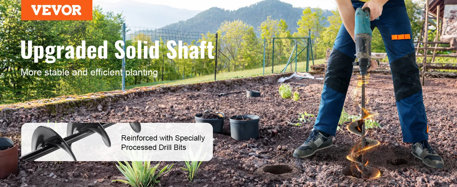 VEVOR auger drill bits used for planting in a garden with an upgraded solid shaft for stability.