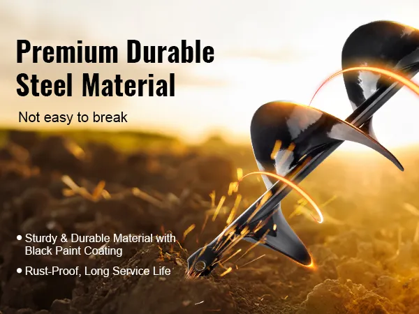 premium durable steel VEVOR auger drill bits in soil with text highlighting material strength.