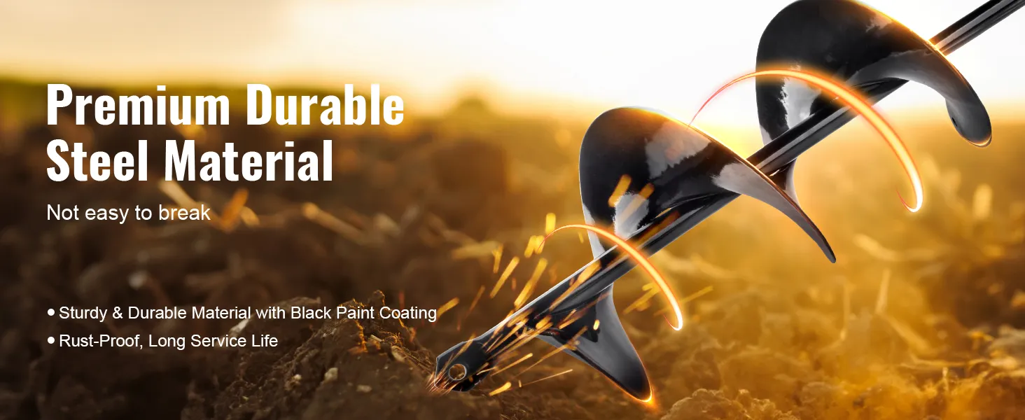 premium durable steel VEVOR auger drill bits in soil with text highlighting material strength.