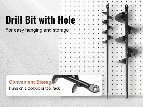 VEVOR auger drill bits with hanging holes displayed on a pegboard for convenient storage.