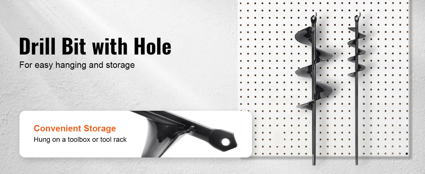 VEVOR auger drill bits with hanging holes displayed on a pegboard for convenient storage.