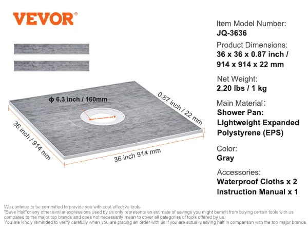 Zestaw brodzika prysznicowego VEVOR, model jq-3636, 36"x36"x0,87", 2,20 funta, szara brodzik styropianowy z akcesoriami.