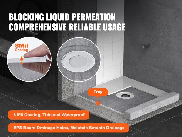 Zestaw listew prysznicowych VEVOR z powłoką wodoodporną o grubości 8 mil i odpływem z płyty EPS zapewniającym niezawodne blokowanie cieczy.