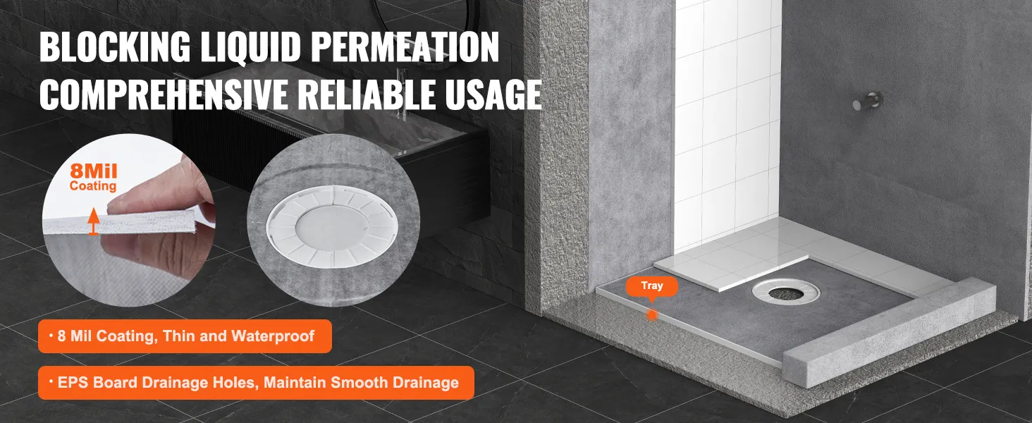 Zestaw listew prysznicowych VEVOR z powłoką wodoodporną o grubości 8 mil i odpływem z płyty EPS zapewniającym niezawodne blokowanie cieczy.