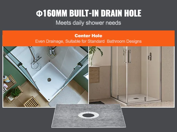 Zestaw prysznicowy VEVOR z wbudowanym otworem odpływowym o średnicy 160 mm zapewniającym efektywny odpływ wody w łazience.