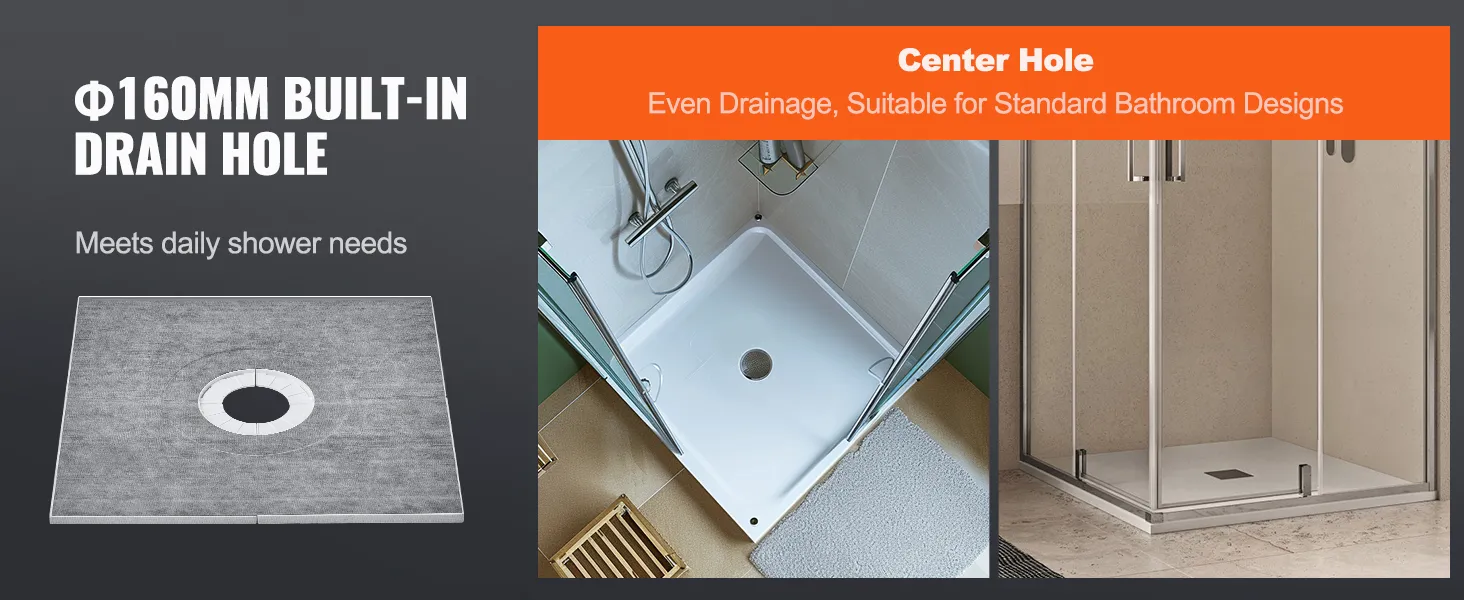 Zestaw prysznicowy VEVOR z wbudowanym otworem odpływowym o średnicy 160 mm zapewniającym efektywny odpływ wody w łazience.