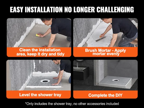 Rozmiary zestawu krawędzi prysznicowej VEVOR: 36x36", 72x48", 60x38", 60x38", 72x72".