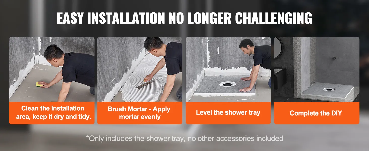 łatwa instalacja zestawu listwy prysznicowej VEVOR: wyczyść, nałóż zaprawę, wypoziomuj brodzik i zakończ pracę.